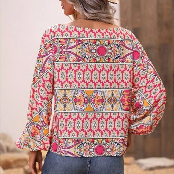 Boho Floral Paisley Print Boat Neck King Sleeve Top Blouse Shirt - Picture 3 of 6